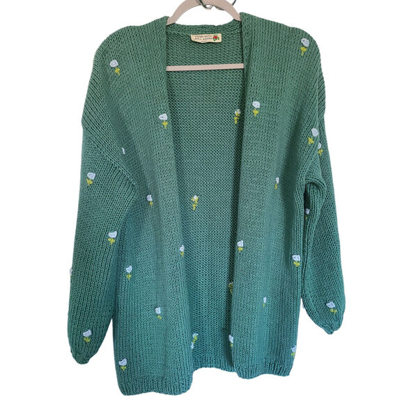 Fanm Mon x Hill House Winter Bloom Blue Rose Cardigan Sweater Green Size 0 XS Sm - Picture 2 of 6